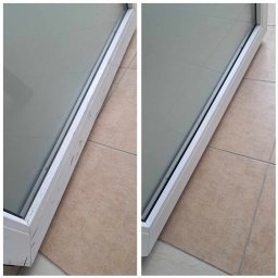 TSiD Tomasz Rajski - Porównanie: Lewa strona ramy okiennej przed czyszczeniem - widoczne zabrudzenia i smugi; Prawa strona ramy okiennej po czyszczeniu - czysta i błyszcząca.