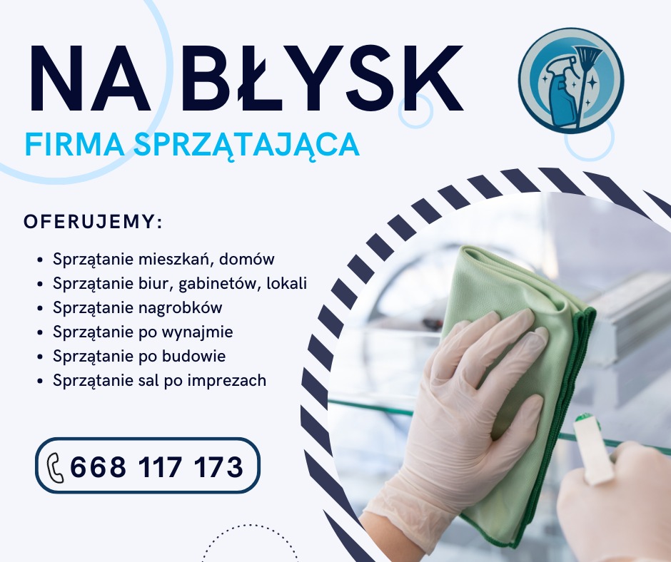 Reklama firmy sprzątającej 'Na Błysk' z ofertą sprzątania mieszkań, biur i po remontach, prezentująca dłoń w rękawiczce czyszczącą szklaną powierzchnię zieloną ściereczką.
