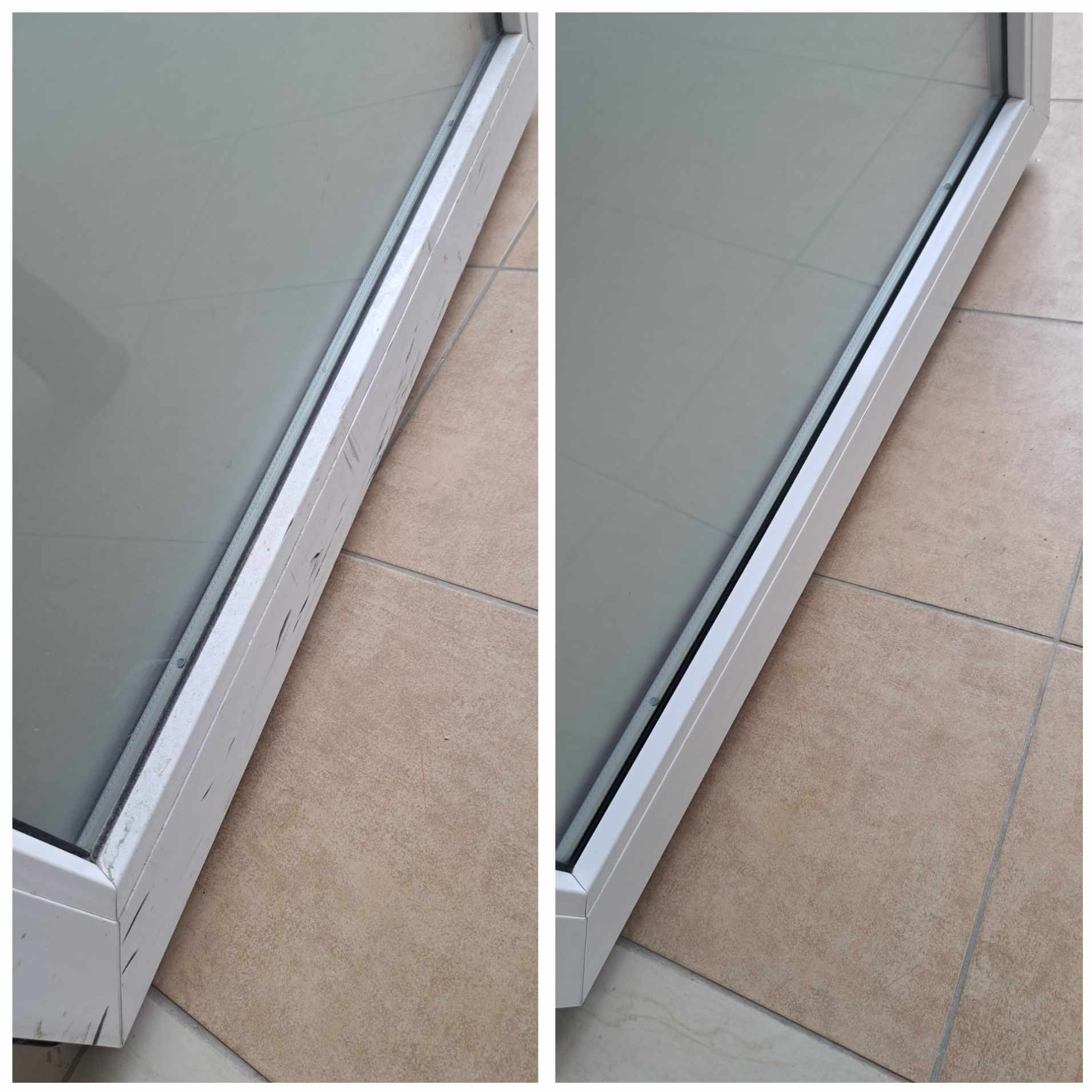 Porównanie: Lewa strona ramy okiennej przed czyszczeniem - widoczne zabrudzenia i smugi; Prawa strona ramy okiennej po czyszczeniu - czysta i błyszcząca.