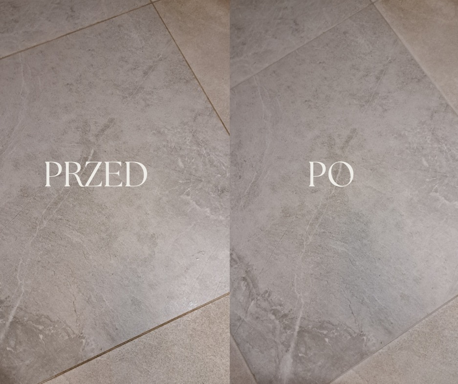 Porównanie stanu płytek podłogowych przed i po czyszczeniu fug, widoczne różnice w odcieniu i czystości przestrzeni między płytkami.