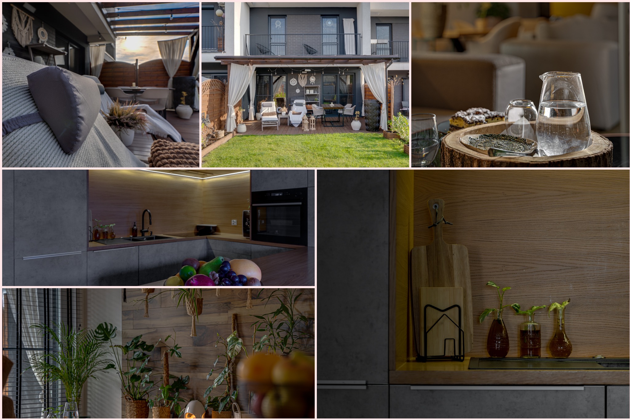 Kompozycja wnętrz: balkon z pergolą, kuchnia z drewnianymi akcentami i roślinami. Widok na taras, dekoracje, oświetlenie. Nowoczesny design z naturalnymi materiałami.