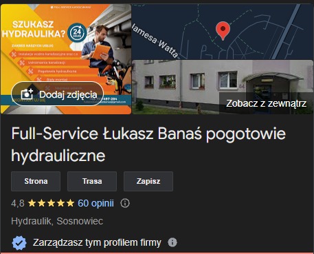 Zrzut ekranu wizytówki hydraulika z informacjami kontaktowymi, mapą dojazdu i zdjęciem hydraulika z tabletem, promujący usługi hydrauliczne.