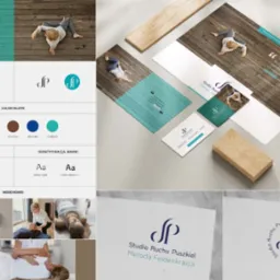 Makieta identyfikacji wizualnej studia ruchu z logo, paletą kolorów, typografią, wizytówkami i materiałami reklamowymi z motywem drewnianej podłogi i osoby leżącej na plecach.