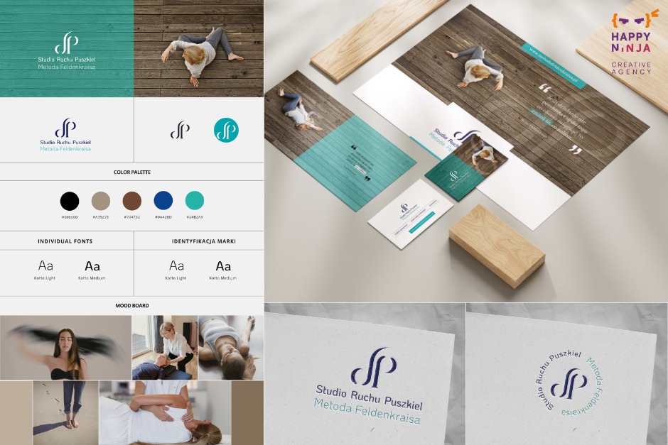 Makieta identyfikacji wizualnej studia ruchu z logo, paletą kolorów, typografią, wizytówkami i materiałami reklamowymi z motywem drewnianej podłogi i osoby leżącej na plecach.