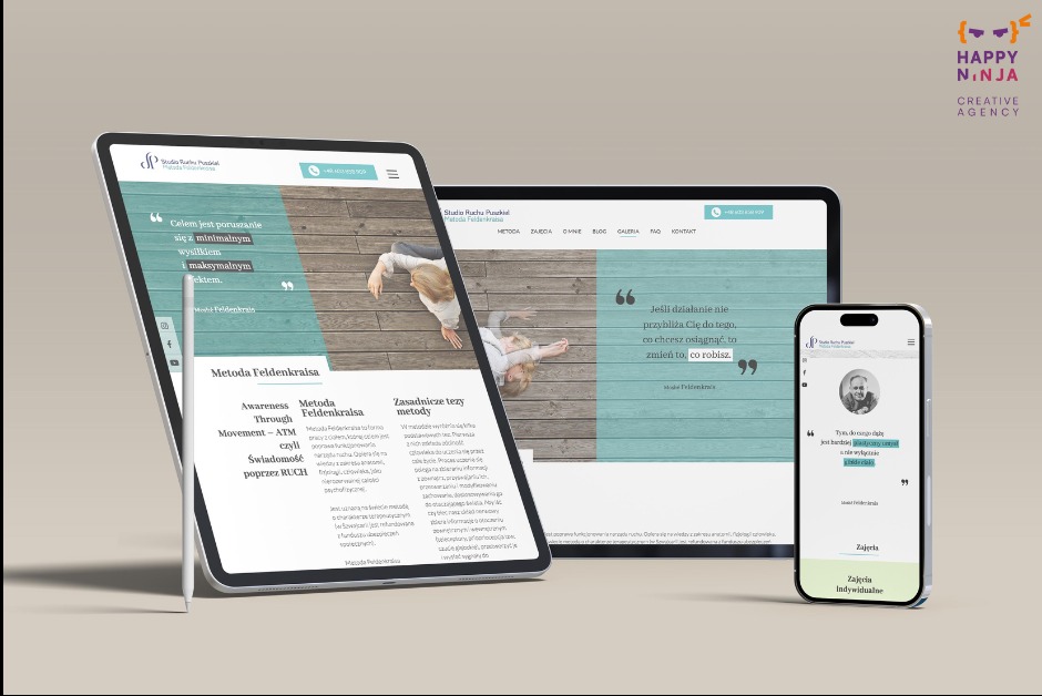 Prezentacja responsywnego projektu strony internetowej na tablecie, laptopie i smartfonie, z widocznymi elementami interfejsu i treści, w tym cytatami i sekcjami informacyjnymi.