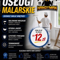 Łukasz Płucisz - Plakat reklamowy usług malarskich: malarz z wałkiem maluje ścianę. Oferta obejmuje malowanie mieszkań, wysoką jakość, czystość i terminowość. Cena od 12 zł/m2.