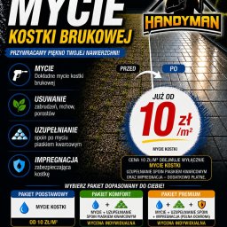 Łukasz Płucisz - Baner reklamowy: Profesjonalne mycie kostki brukowej z efektem przed i po. Oferta obejmuje mycie, usuwanie zabrudzeń, uzupełnianie spoin i impregnację.