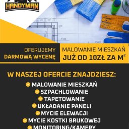 Łukasz Płucisz - Narzędzia malarskie (pędzle, farby) na tle planu architektonicznego. Oferta firmy: malowanie mieszkań już od 10 zł/m2, szpachlowanie, tapetowanie, mycie elewacji.