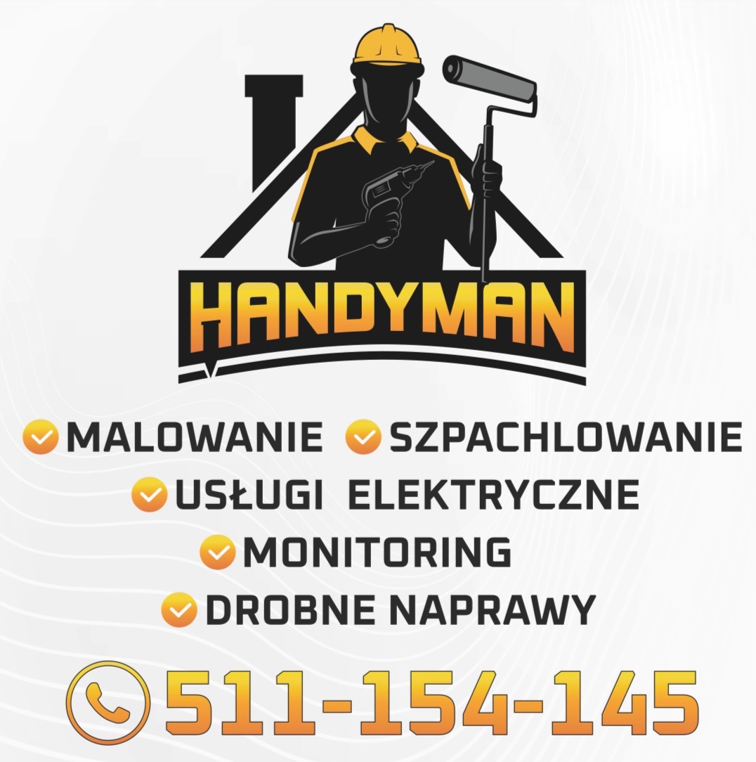 Ilustracja logo firmy Handyman, przedstawiająca sylwetkę w kasku trzymającą wiertarkę i wałek do malowania, z listą usług: malowanie, szpachlowanie, usługi elektryczne, monitoring, drobne naprawy...