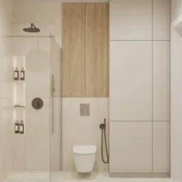 Wizualizacja nowoczesnej łazienki z kabiną prysznicową typu walk-in, toaletą podwieszaną, szafkami w zabudowie i elementami wykończenia w beżowej kolorystyce.