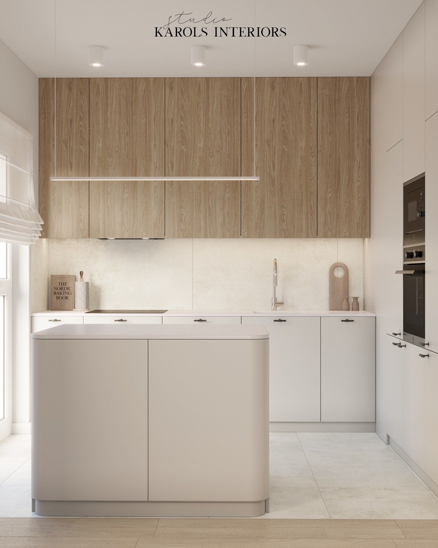 Minimalistyczna kuchnia z wyspą, jasne drewniane szafki górne, białe szafki dolne i oświetlenie LED, książka kucharska na blacie.