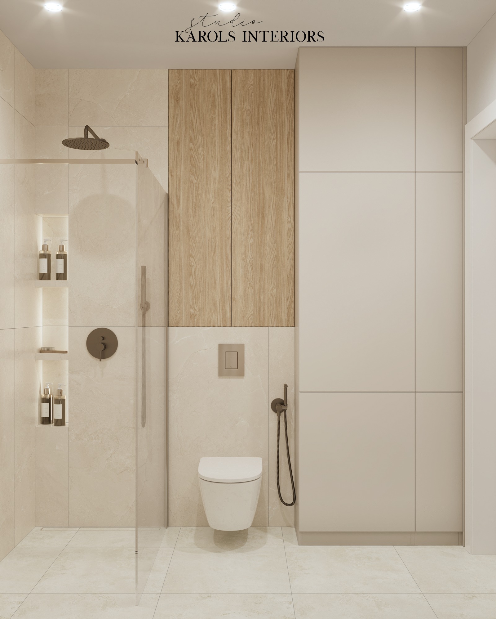 Wizualizacja nowoczesnej łazienki z kabiną prysznicową typu walk-in, toaletą podwieszaną, szafkami w zabudowie i elementami wykończenia w beżowej kolorystyce.