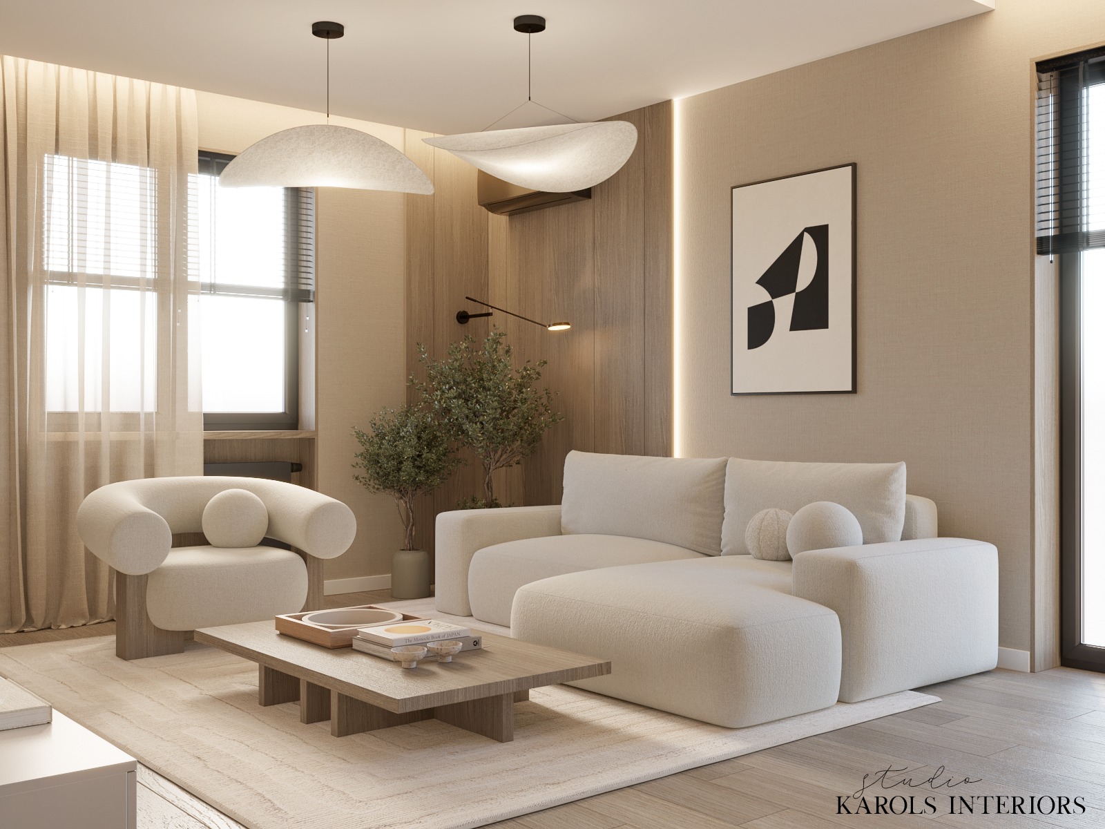 Jasne, minimalistyczne wnętrze salonu z narożną sofą, fotel z okrągłym oparciem, drewniany stolik kawowy i abstrakcyjny obraz na ścianie.