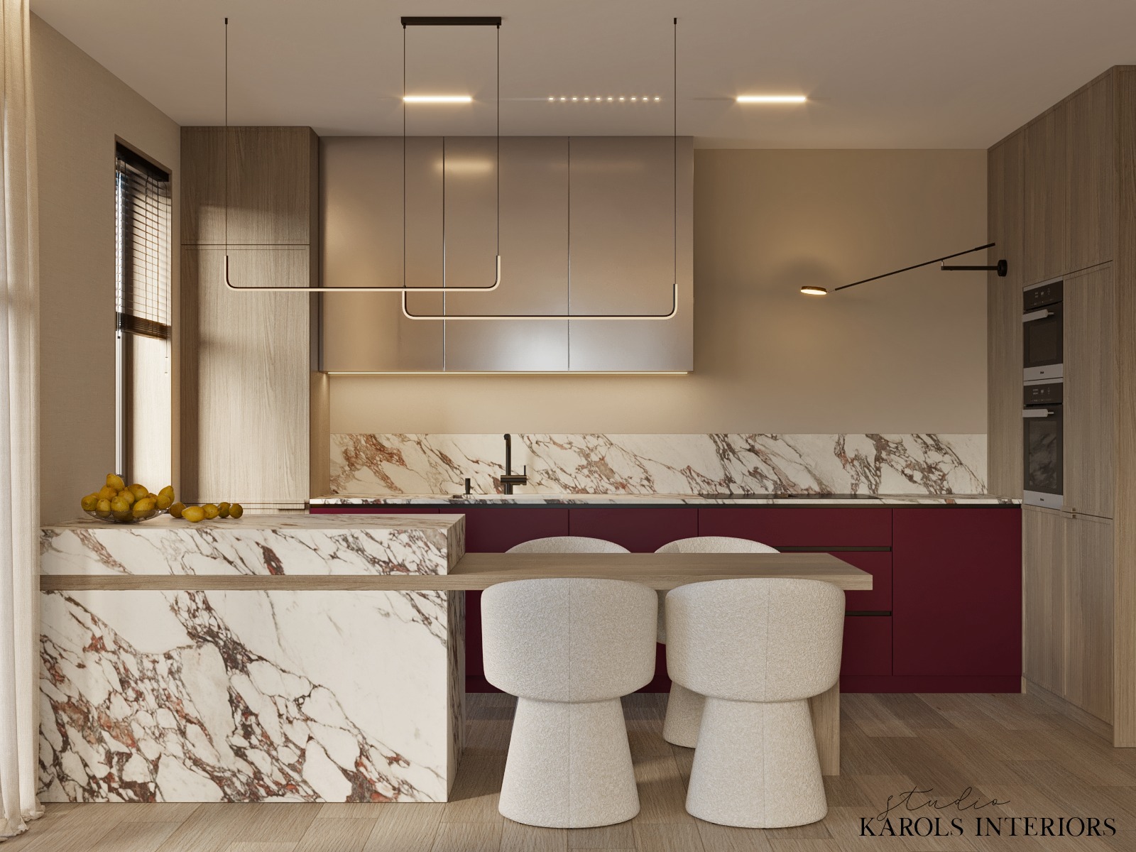 Nowoczesna kuchnia z wyspą wykończoną marmurem, burgundowymi szafkami i minimalistycznym oświetleniem LED.