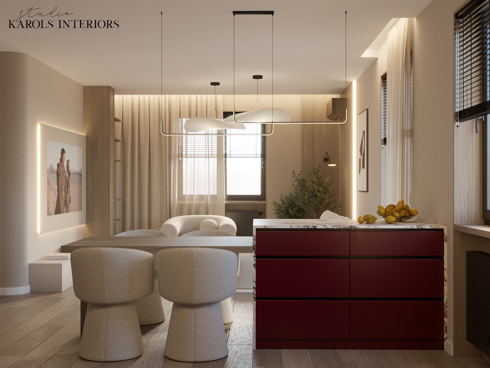 Nowoczesne wnętrze jadalni z widocznymi krzesłami o unikalnym kształcie, drewnianym stołem, zabudową kuchenną w kolorze burgundowym z marmurowym blatem, dekoracyjnym oświetleniem i subtelnymi...