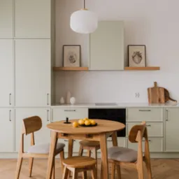Jasna kuchnia z drewnianym stołem, krzesłami i stołkiem. Na stole czarne naczynie z cytrynami. Nad stołem wisi biała lampa. Na ścianie grafiki w czarnych ramkach.