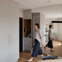 Studio Sawubona - Nowoczesne wnętrze mieszkania z lustrzaną ścianą, szafą w zabudowie i przechodzącą kobietą. Minimalistyczny design z drewnianą podłogą i elementami w odcieniach szarości.