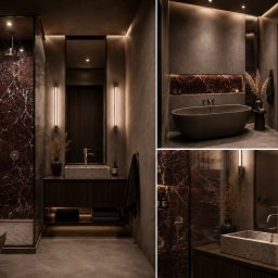 Studio Sawubona - Nowoczesna łazienka w ciemnych tonacjach z marmurową ścianą prysznica, betonową umywalką i wolnostojącą wanną. Minimalistyczne oświetlenie podkreśla elegancki design.