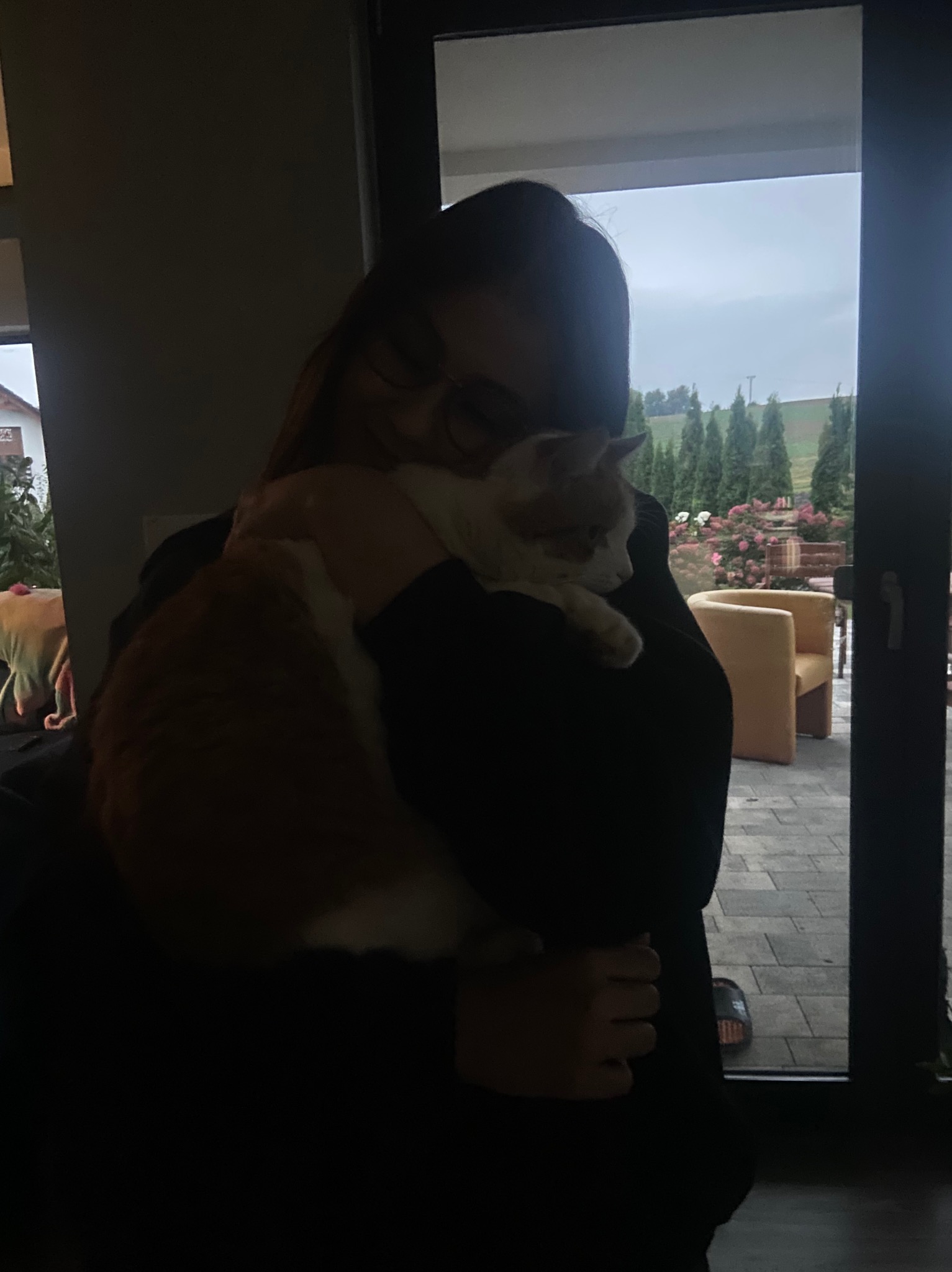 Osoba w ciemnym ubraniu przytula rudego kota; widok przez okno na ogród z tujami i różami.