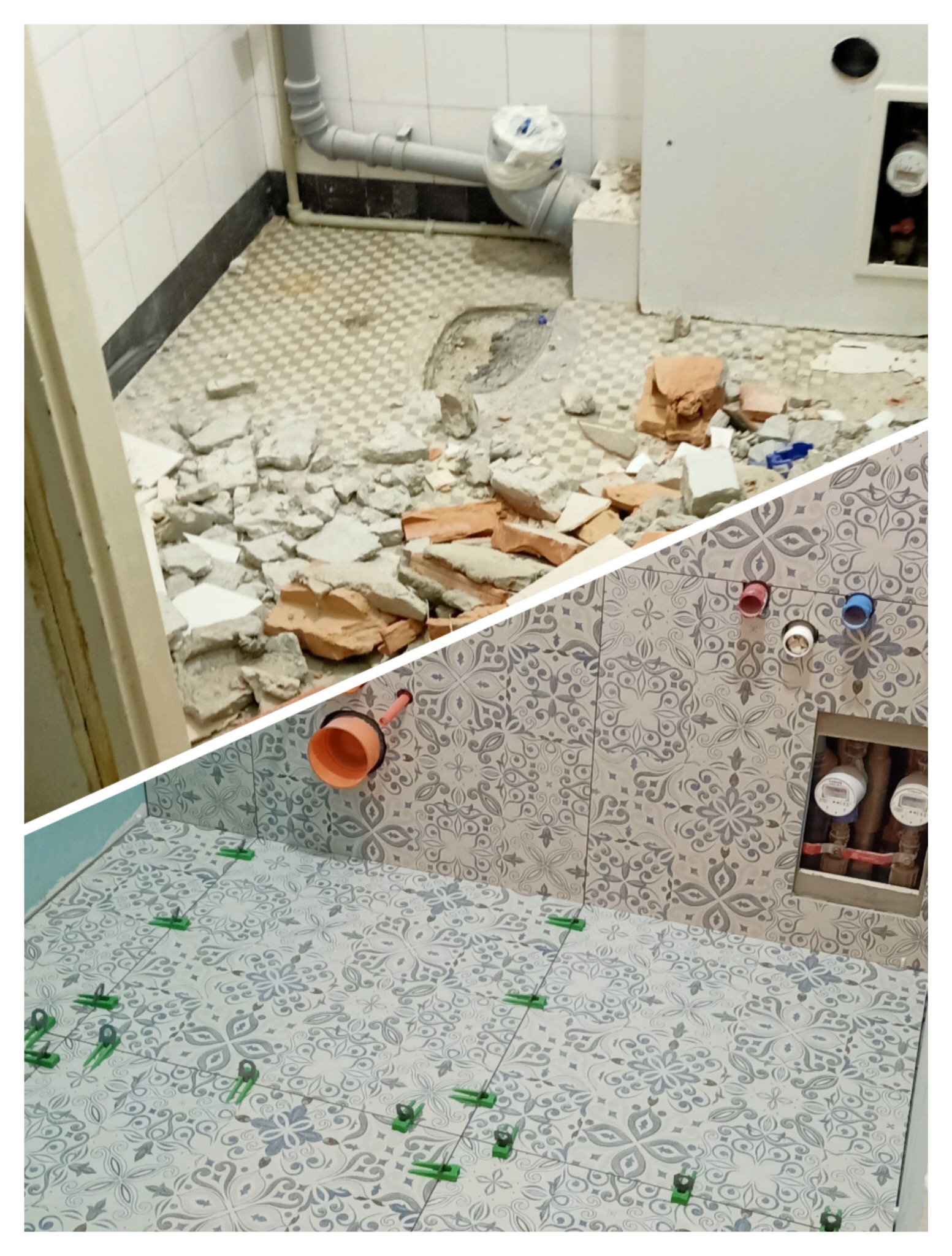 Podzielone zdjęcie łazienki: górna część przedstawia starą, zdemontowaną podłogę z gruzem i odsłoniętymi rurami, dolna część ukazuje nową, wzorzystą podłogę z płytek, wyrównywaną za pomocą...