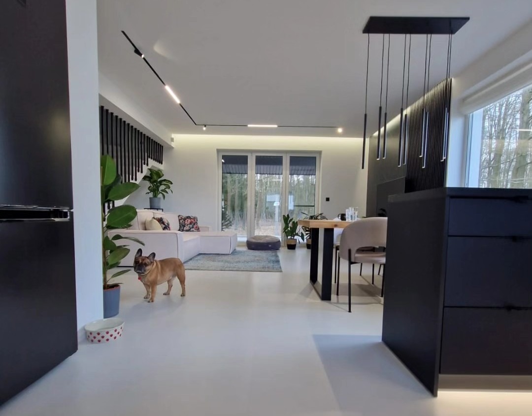 Nowoczesne wnętrze domu z jasną podłogą, narożną sofą, czarnymi elementami dekoracyjnymi i psem rasy buldog francuski w pierwszym planie.