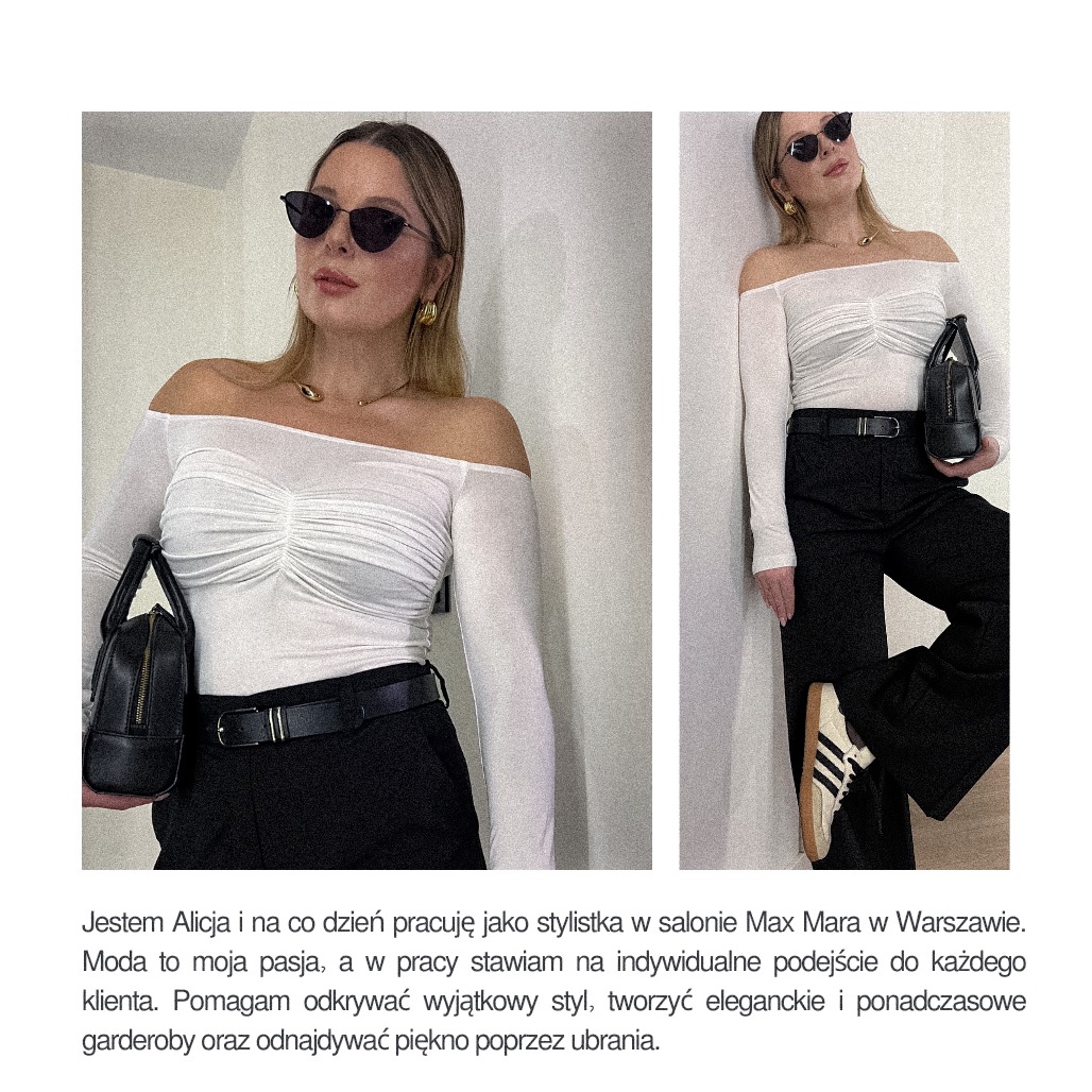 Dwa ujęcia kobiety w białej bluzce z odkrytymi ramionami, czarnych spodniach z paskiem i okularach przeciwsłonecznych, prezentującej stylizację. Pierwsze ujęcie z torebką, drugie opartej o ścianę...