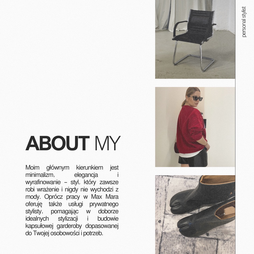 Kompozycja graficzna z tekstem 'ABOUT MY' i trzema zdjęciami: krzesło biurowe na tle zasłony, kobieta w czerwonej bluzie i czarnych spodenkach, oraz czarne buty z rozdzielonym palcem.