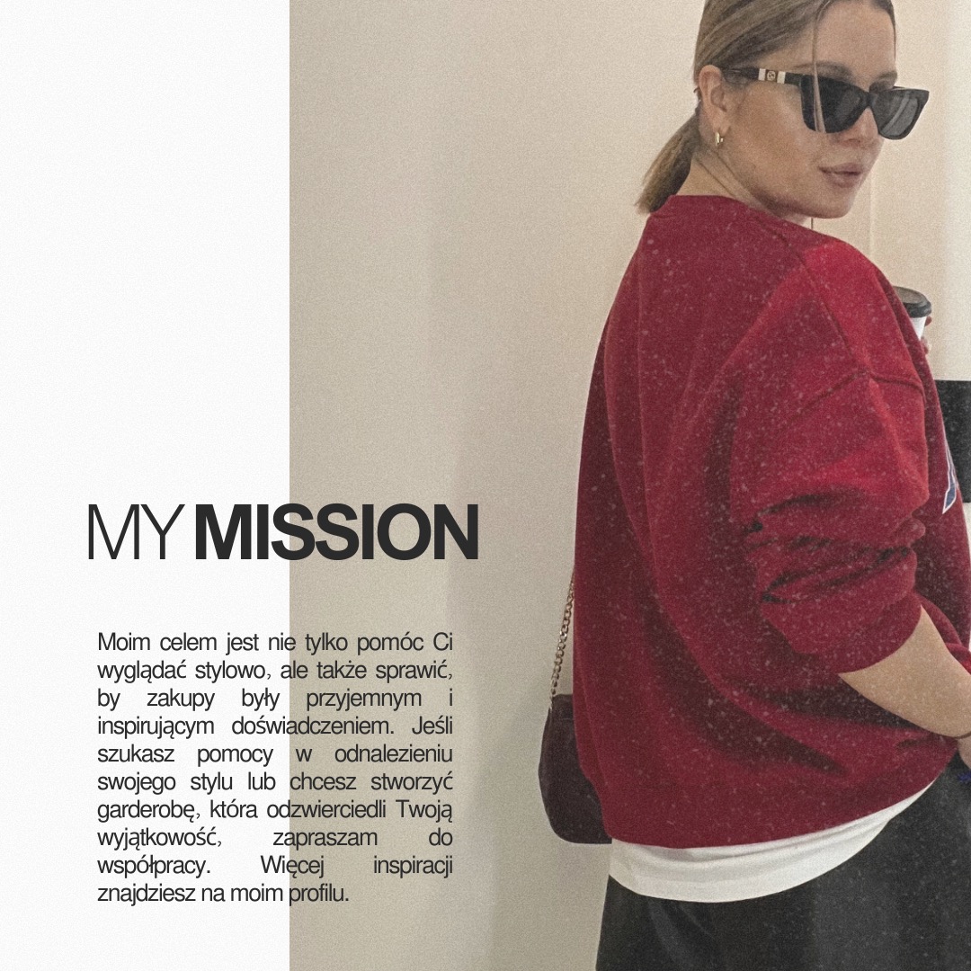 Kobieta w okularach przeciwsłonecznych, czerwonej bluzie i czarnych spodniach, pozująca na tle ściany z napisem 'MY MISSION' i tekstem o celach pomocy w stylizacji.
