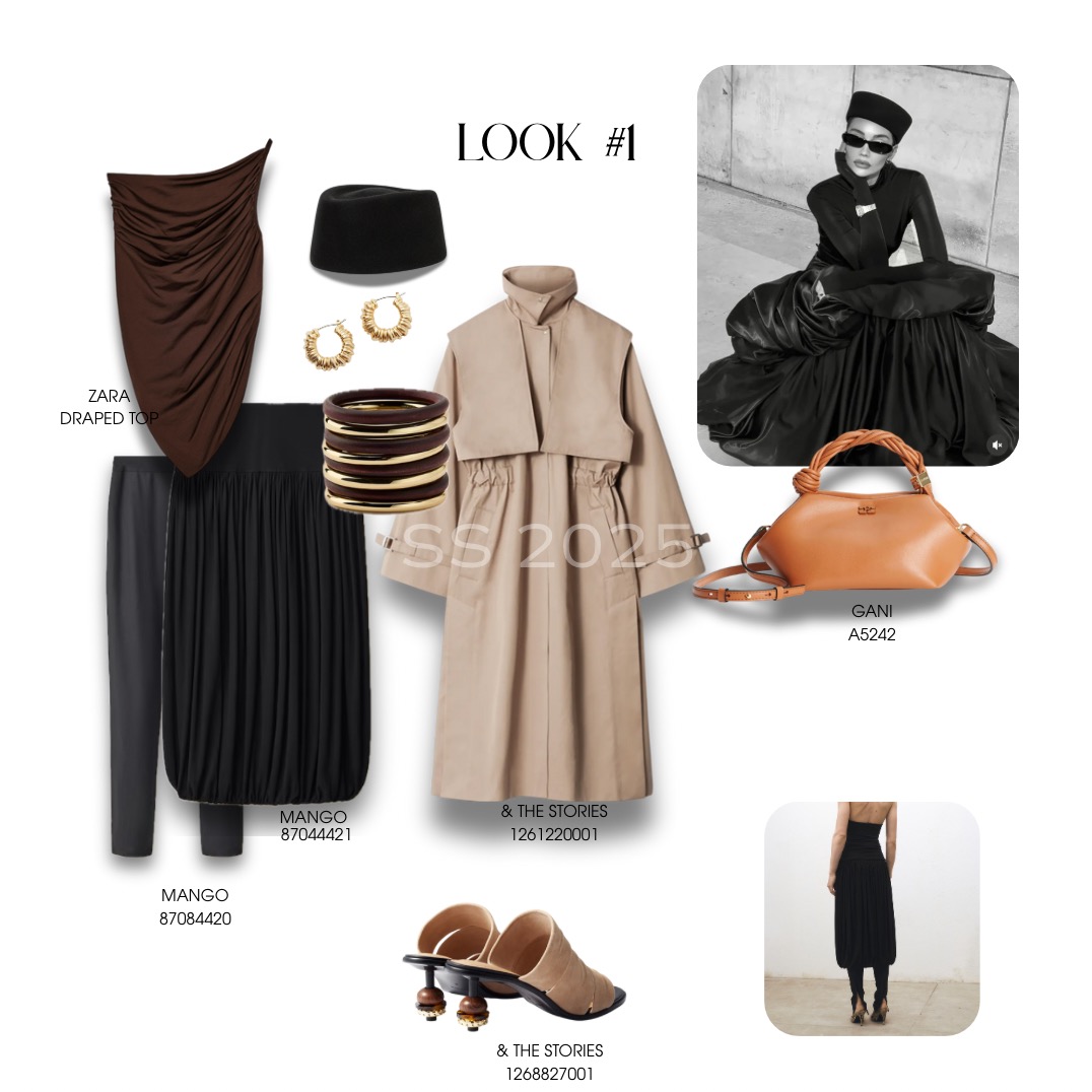 Kolaż modowy prezentujący zestaw ubrań i akcesoriów z kolekcji SS 2025, w tym drapowaną bluzkę ZARA, spódnicę MANGO, płaszcz & THE STORIES, torebkę GANI oraz buty & THE STORIES, uzupełnione...