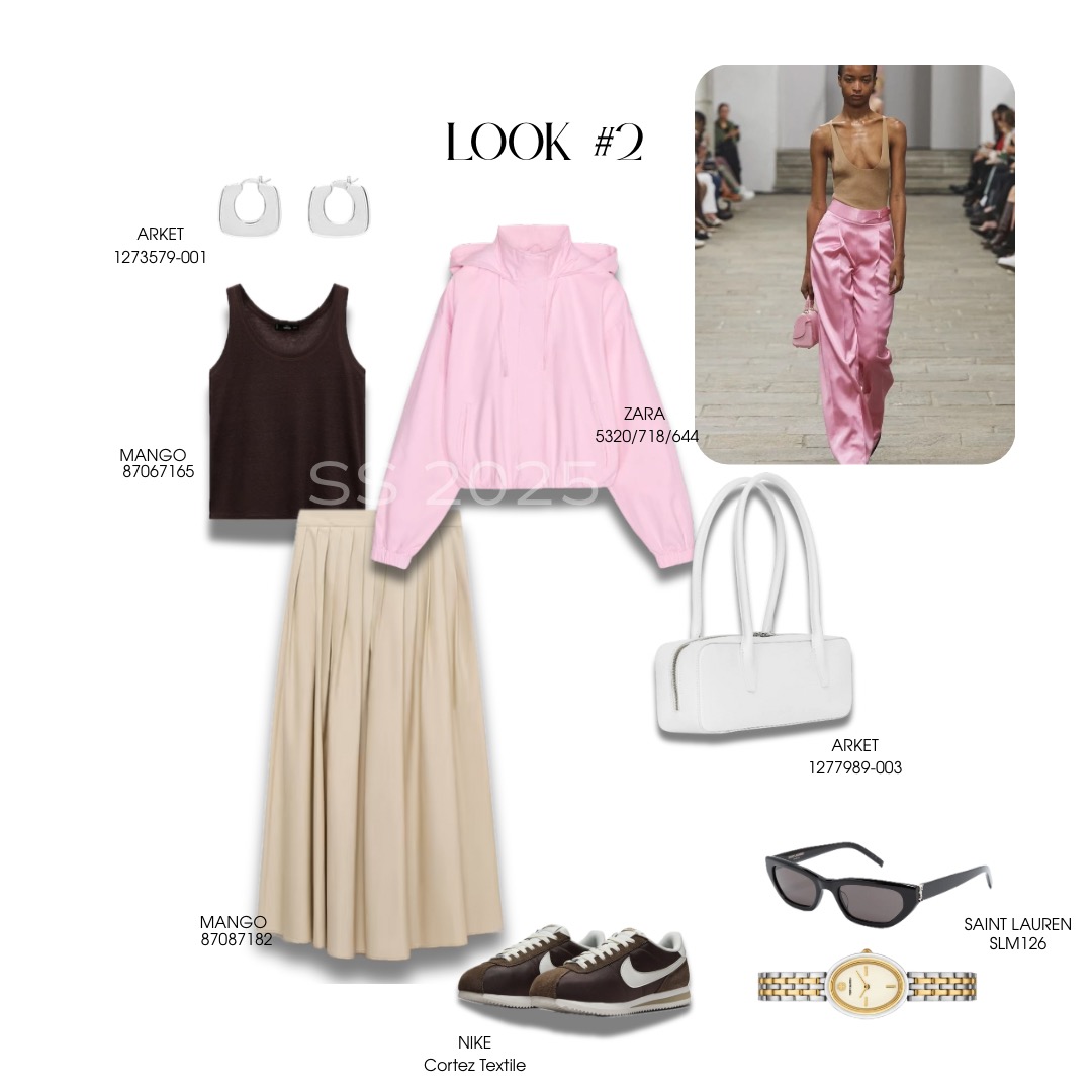 Kompozycja ubrań i dodatków z kolekcji SS 2023: srebrne kolczyki, brązowy top, długa beżowa spódnica, różowa bluza, biała torebka, brązowe sneakersy Nike Cortez, czarne okulary Saint Laurent...
