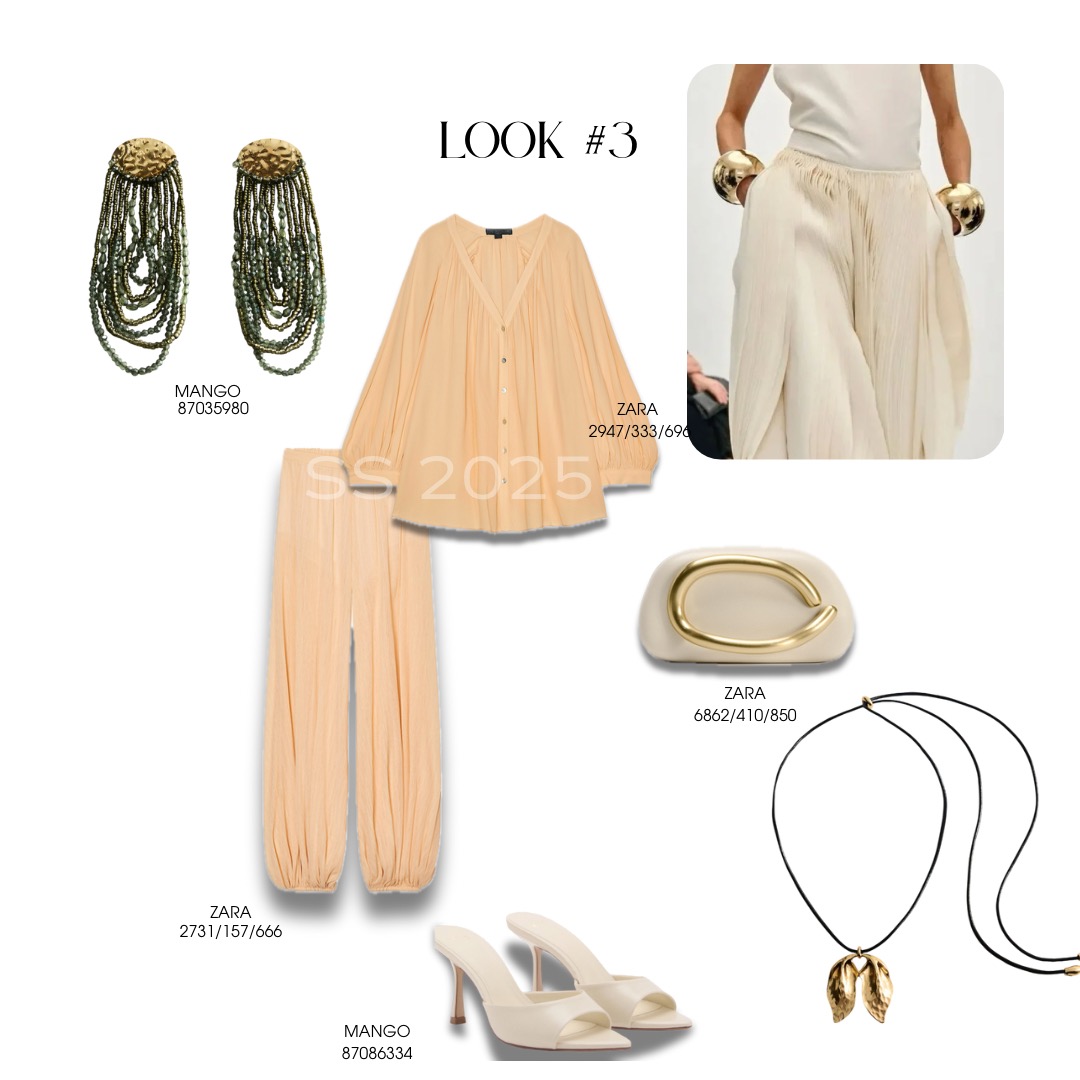 Kompletny zestaw ubrań i akcesoriów: beżowa bluzka z długim rękawem, spodnie z marszczeniami, kremowe szpilki, torebka z metalowym elementem w kształcie litery C, kolczyki z koralików i naszyjnik...