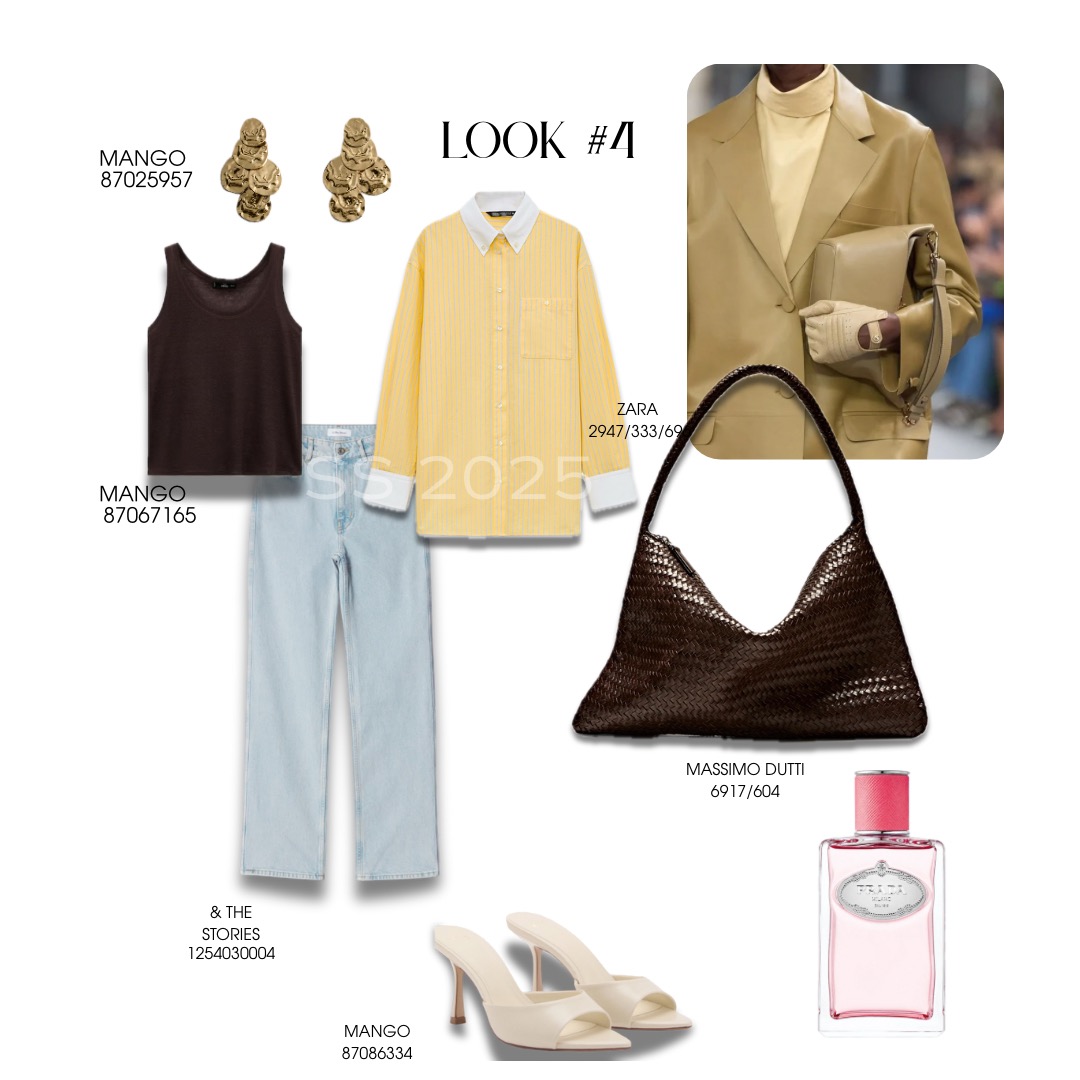 Kompozycja ubrań i akcesoriów damskich: złote kolczyki, brązowy top, żółta koszula w paski z białym kołnierzykiem i mankietami, jasnoniebieskie jeansy, beżowe szpilki, brązowa pleciona torebka...