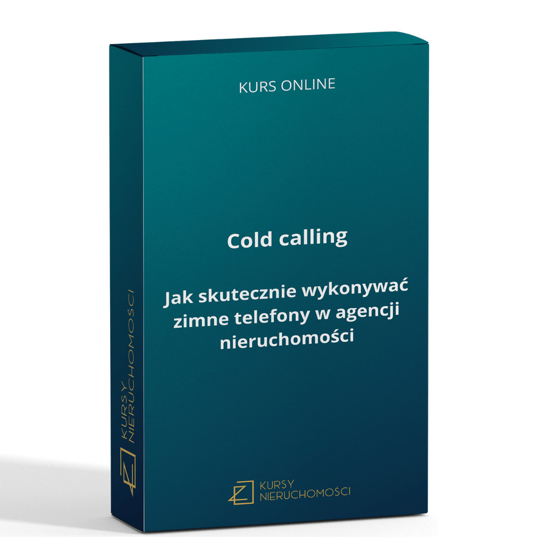 Pudełko z kursem online o cold callingu w agencji nieruchomości, z logo 'Kursy Nieruchomości' na boku i froncie, na gradientowym, ciemnozielonym tle.