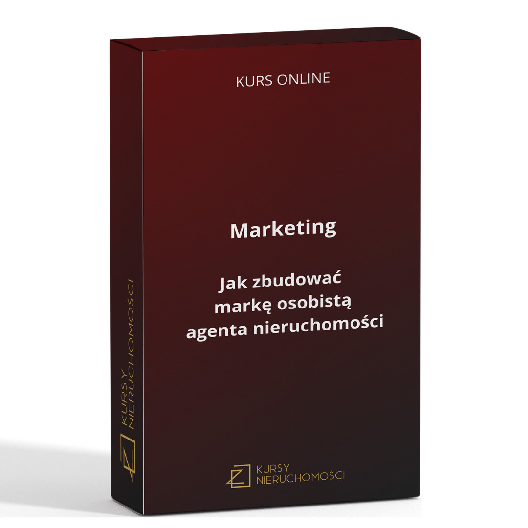 Pudełko z kursem online o marketingu i budowaniu marki osobistej dla agentów nieruchomości, w kolorach bordo i czerni, z widocznym logo 'Kursy Nieruchomości'.