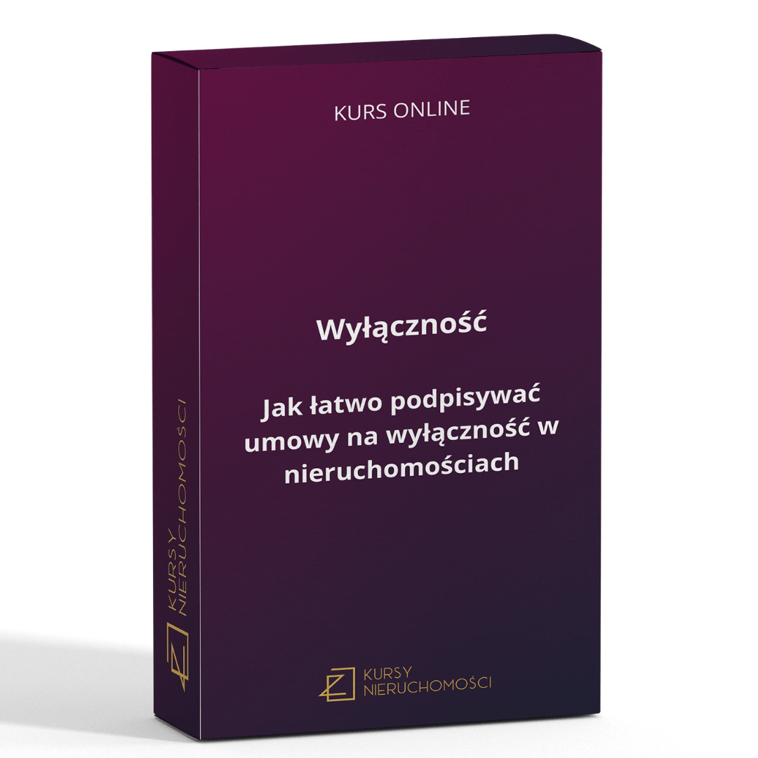 Pudełko z kursem online zatytułowanym 'Wyłączność: Jak łatwo podpisywać umowy na wyłączność w nieruchomościach', z logo 'Kursy Nieruchomości'.