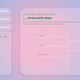 Grafika prezentująca profil zawodowy front-end developera Mateusza Szumowskiego, z informacjami o umiejętnościach (EE.08, Cisco, Basic Python, EE.09, C++) i danymi kontaktowymi.