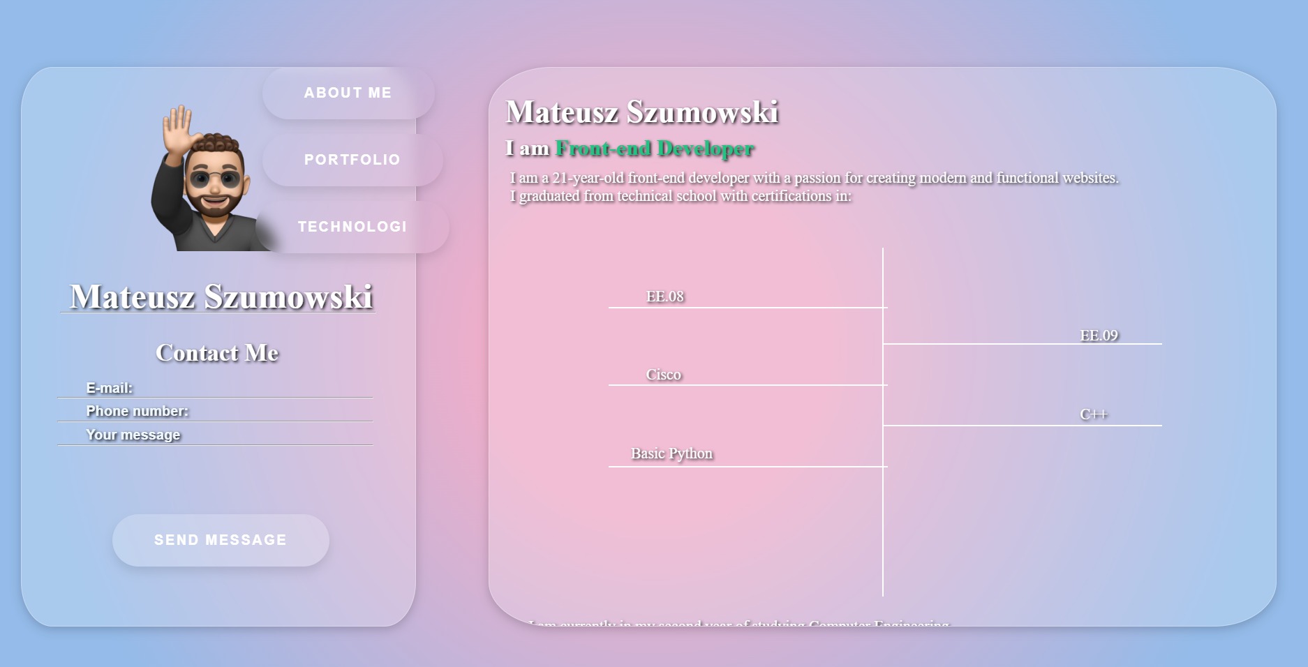 Grafika prezentująca profil zawodowy front-end developera Mateusza Szumowskiego, z informacjami o umiejętnościach (EE.08, Cisco, Basic Python, EE.09, C++) i danymi kontaktowymi.