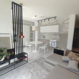 Serra's team Zakład Budowlany Rafał Serafin - Jasne wnętrze salonu z aneksem kuchennym: marmurowa ściana, białe meble, okrągły stół i szara sofa. Elementy dekoracyjne: rośliny, książki, lampy.