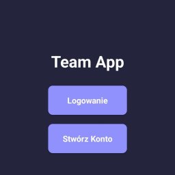 JF Web Solutions - Ekran logowania aplikacji mobilnej 'Team App' z logo w kształcie litery T. Przyciski 'Logowanie' i 'Stwórz Konto' na ciemnofioletowym tle. Interfejs użytkownika.