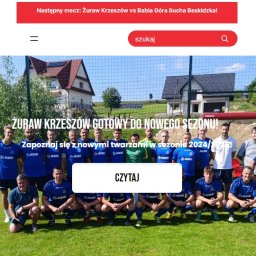 JF Web Solutions - Strona internetowa klubu sportowego Żuraw Krzeszów z Sucha Beskidzka, prezentująca skład na sezon 2024/2025. Widoczny baner z informacją o nadchodzącym meczu.