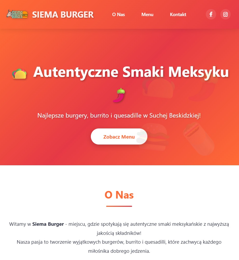 Strona internetowa Siema Burger z gradientem pomarańczowym, prezentująca ofertę autentycznych smaków meksykańskich i lokalizację w Suchej Beskidzkiej.
