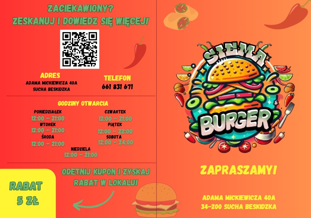 Kolorowa grafika reklamowa burgerowni z adresem, telefonem, godzinami otwarcia i kuponem rabatowym. Ilustracja burgera w stylu cartoon.