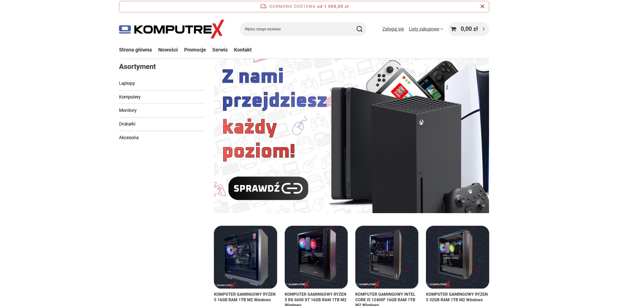 Strona internetowa sklepu z komputerami Komputrex, prezentująca konsole Xbox Series X, PlayStation 5 i Steam Deck oraz komputery gamingowe. Promocja: 'Z nami przejdziesz każdy poziom!'.