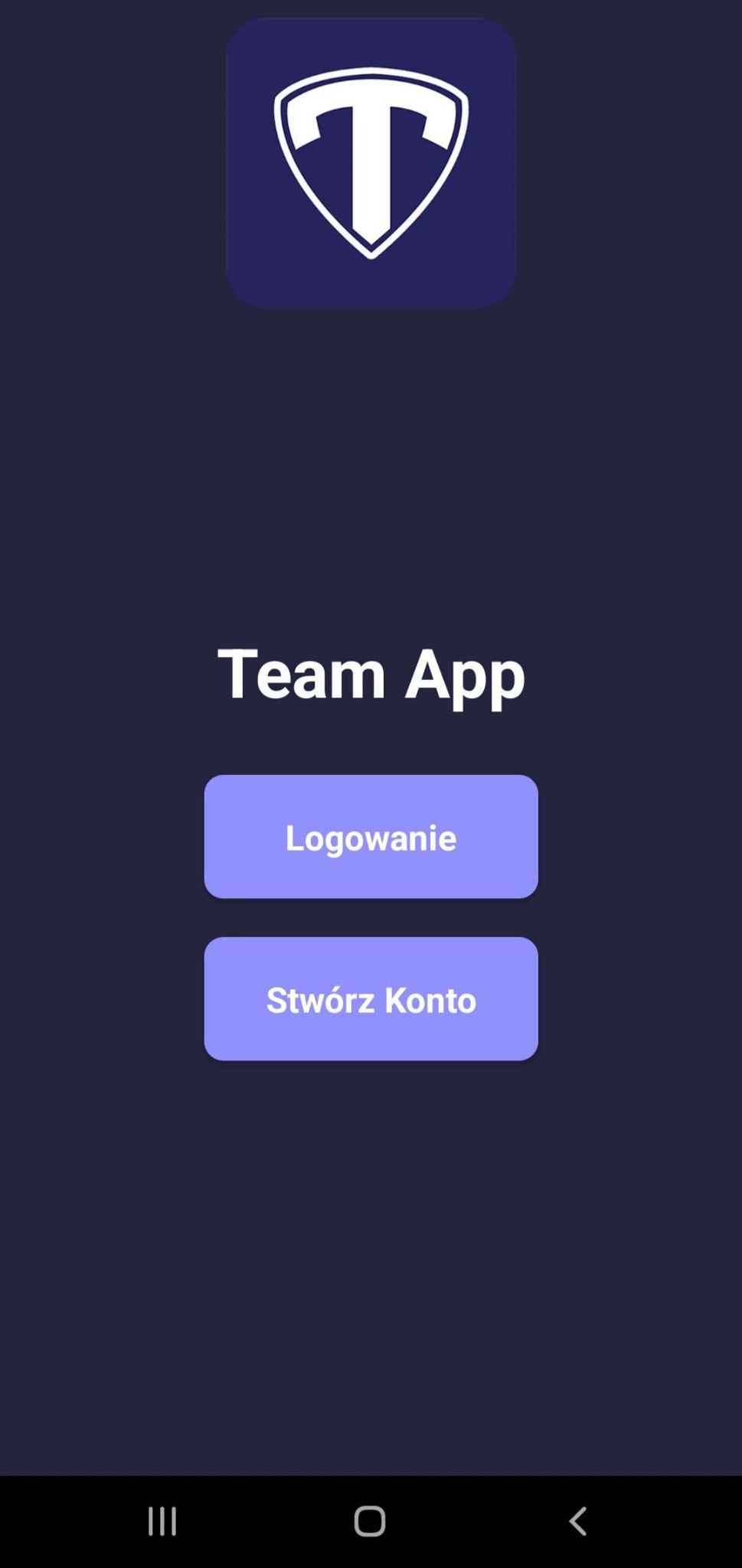 Ekran logowania aplikacji mobilnej 'Team App' z logo w kształcie litery T. Przyciski 'Logowanie' i 'Stwórz Konto' na ciemnofioletowym tle. Interfejs użytkownika.