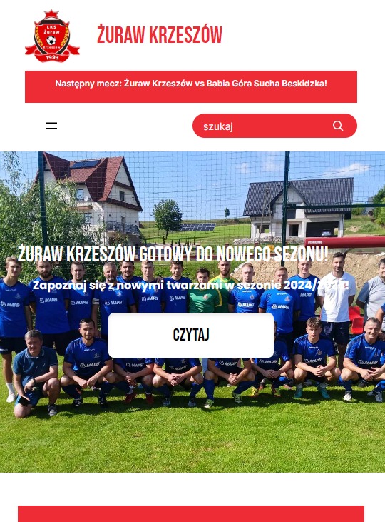 Strona internetowa klubu sportowego Żuraw Krzeszów z Sucha Beskidzka, prezentująca skład na sezon 2024/2025. Widoczny baner z informacją o nadchodzącym meczu.