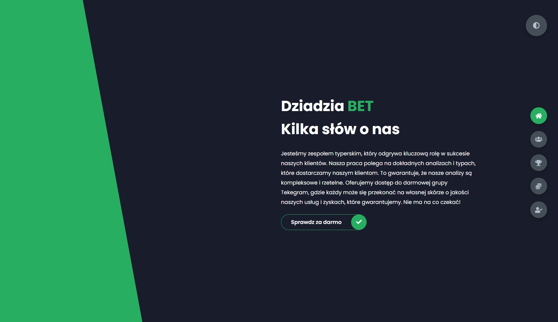 Strona internetowa z tekstem 'Dziadzia BET' i opisem usług typerskich, z zielonym akcentem po lewej stronie i ikonami nawigacyjnymi po prawej.