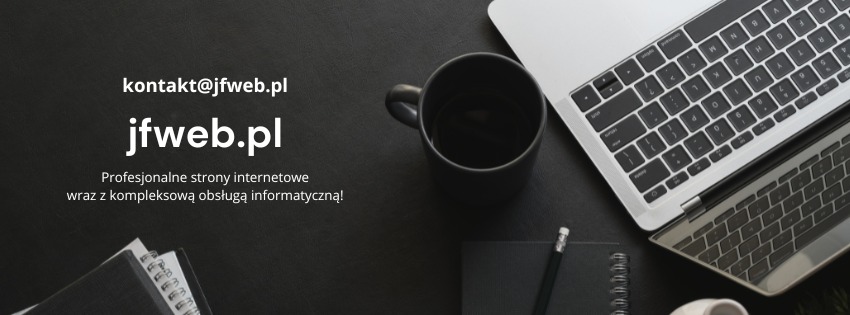 Minimalistyczne biurko z laptopem, notatnikiem i kawą. Widoczny adres jfweb.pl, oferujący profesjonalne strony internetowe i obsługę informatyczną.