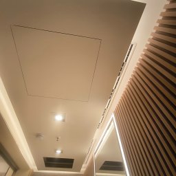 Pruzo Marek Strzała - Sufit z drewnianą okładziną ścienną, oświetleniem punktowym i klapą rewizyjną.