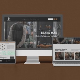 Jacek Kubiak - Prezentacja responsywnej strony internetowej salonu barberskiego na monitorze, tablecie i smartfonie, ukazująca logo i ofertę usług pielęgnacji zarostu.