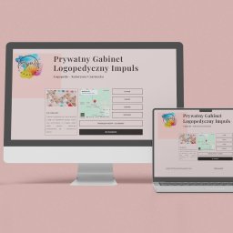 Jacek Kubiak - Prezentacja strony gabinetu logopedycznego na laptopie i smartfonie. Widoczny layout strony z logo, menu, mapą dojazdu i informacjami kontaktowymi.
